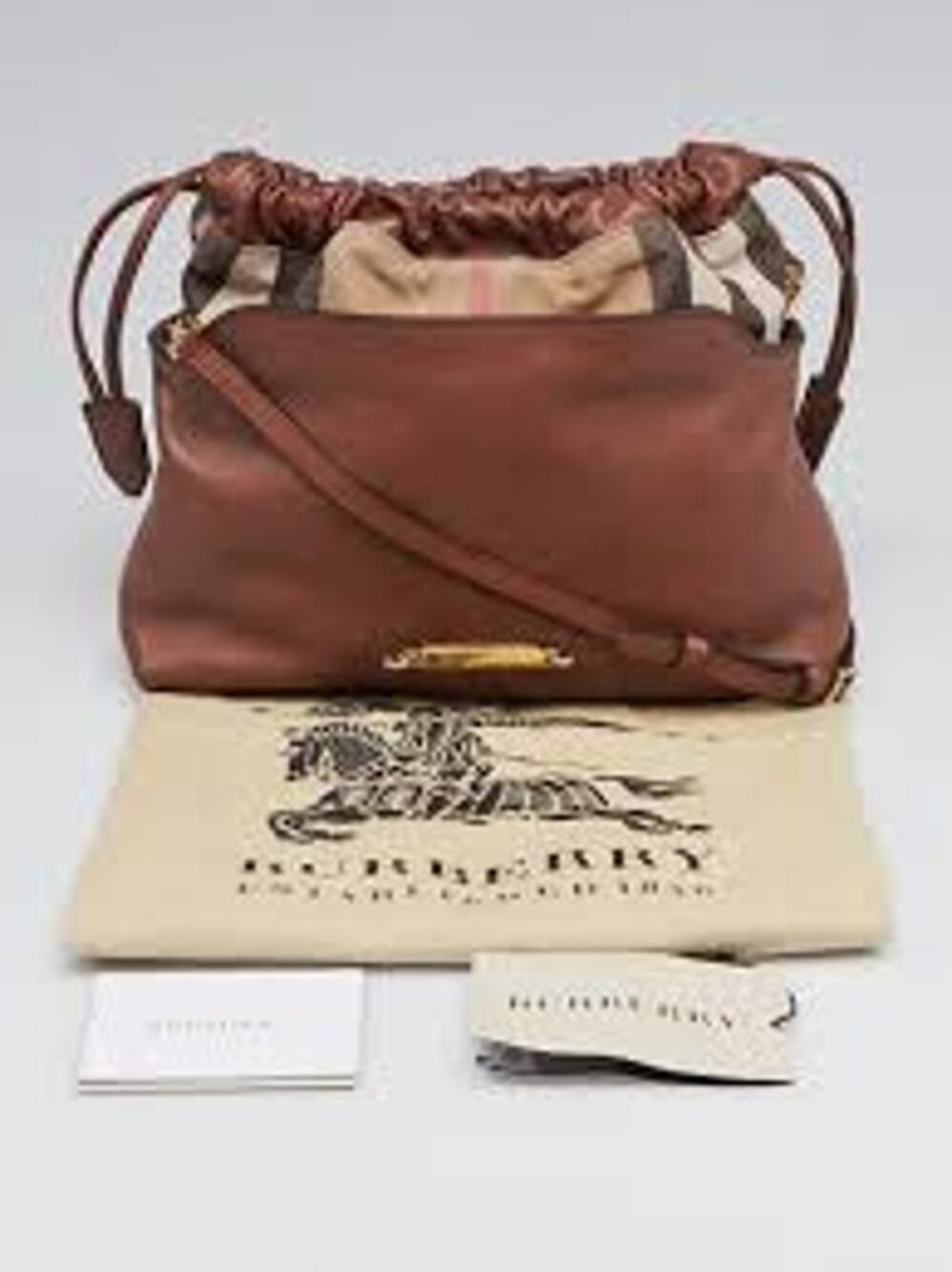 NWT BURBERRY Brown Ochre Leather and Check Canvas Little Crush Crossbody Bag